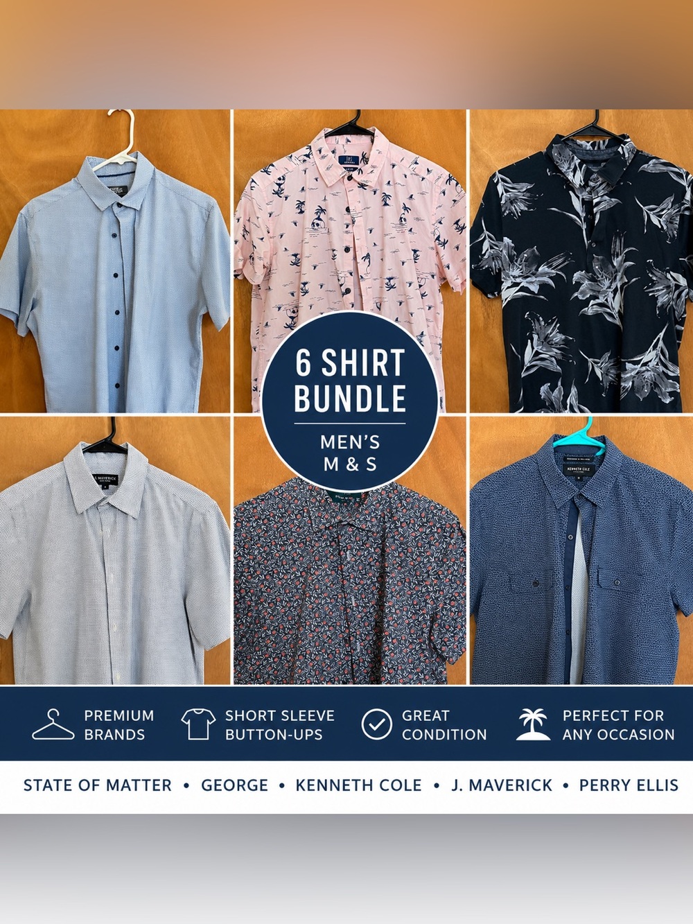 6 Men’s Short Sleeve Button-Up Shirt Bundle | Perry Ellis, Kenneth Cole & More